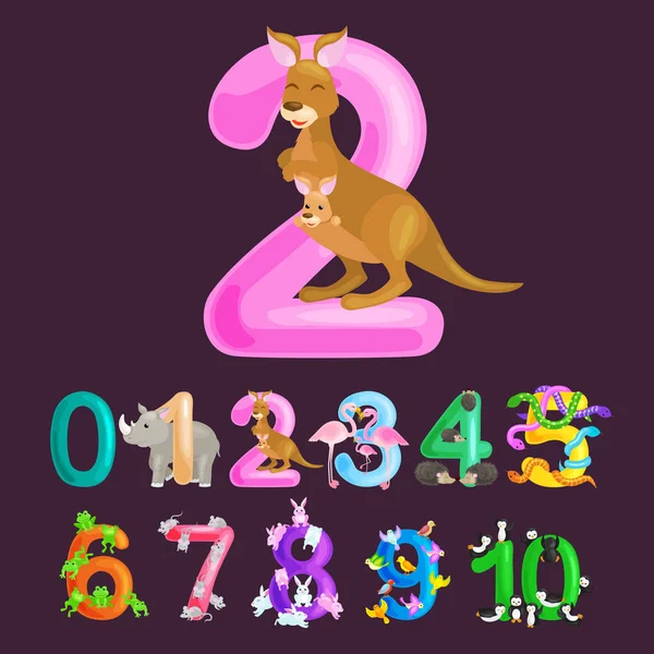 Ordinal numéro 2 pour enseigner aux enfants à compter deux kangourous Maman et bébé en sac avec la possibilité de calculer la quantité d'animaux abc alphabet maternelle livres ou élémentaire collection d'affiches de l'école — Image vectorielle