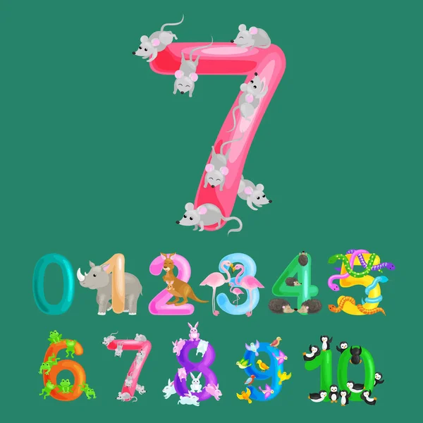 Números ordinais para ensinar crianças contando com a capacidade de calcular a quantidade de animais abc alfabeto jardim de infância livros ou cartazes do ensino fundamental coleção vetor ilustração —  Vetores de Stock