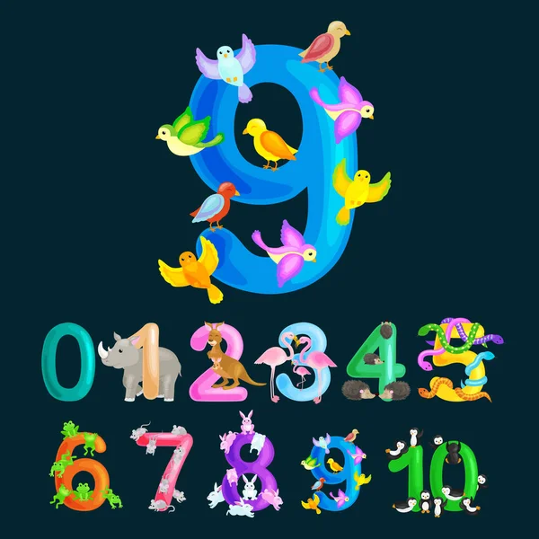 Ordinal numbers 9 for teaching children counting nine birdies with the ability to calculate amount animals abc alphabet kindergarten books or elementary school posters collection vector illustration — Stock Vector