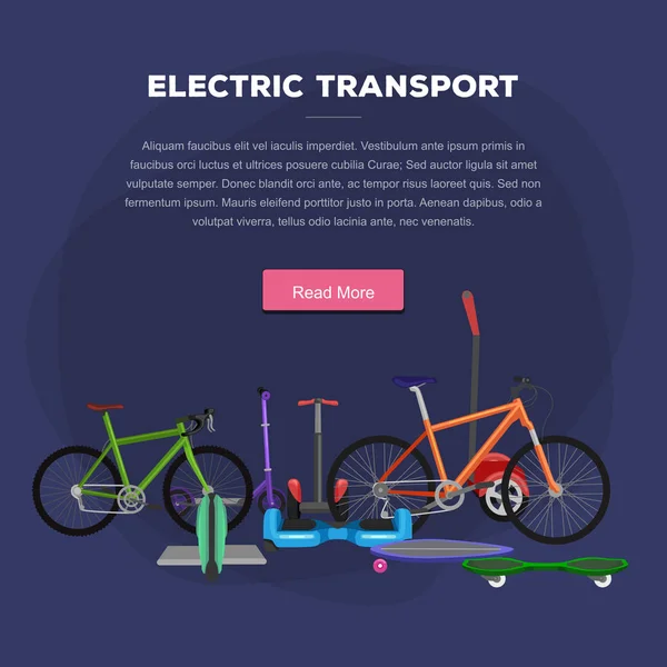 Ilustración de vectores de vehículos eléctricos de movilidad de una y dos ruedas, ruedas de bicicleta de transporte urbano alternativo ecológico, scooter — Vector de stock