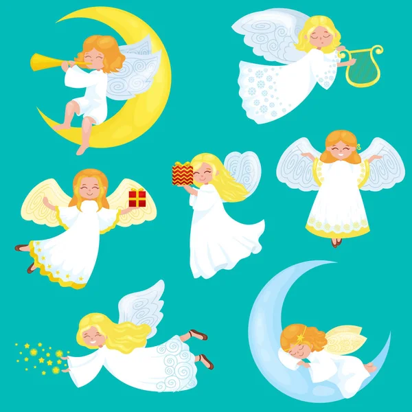 Christmas holiday set of flying angel with wings and gifts box or stars,  moon like symbol in Christian religion  new year vector illustration — Stock Vector
