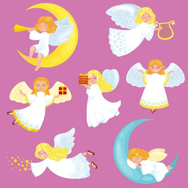 Christmas holiday set of flying angel with wings and gifts box or stars,  moon like symbol in Christian religion  new year vector illustration — Stock Vector