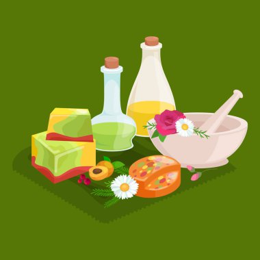doğal organik el kümesi sabun ile zeytin vektör çizim, vücut güzellik bakım kavramı, doğa kozmetik aroma bar bitkisel el yapımı spa ürünleri koleksiyonu için yapılır