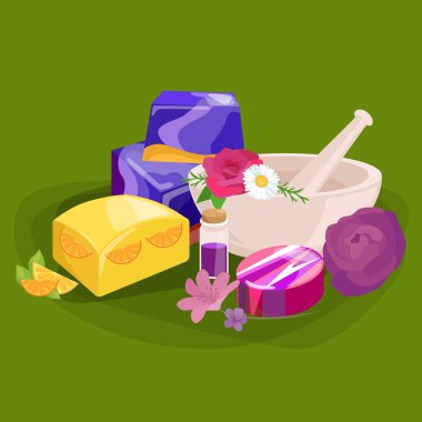 doğal organik el kümesi sabun ile zeytin vektör çizim, vücut güzellik bakım kavramı, doğa kozmetik aroma bar bitkisel el yapımı spa ürünleri koleksiyonu için yapılır