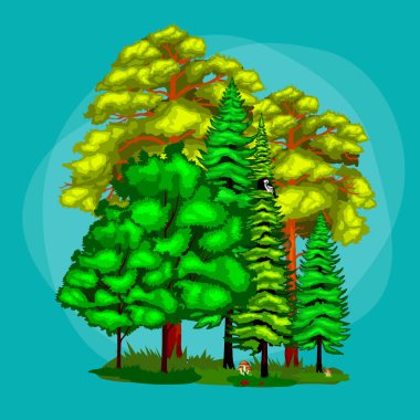 Yaz yeşil orman ağaç ve küçük hayvanlar vahşi doğada. Karikatür vektör ağaçlar açık parkta ayarlayın. Açık park Şubesi, foliagles ile ağaçlar ve yapraklar. Vahşi orman bitki ve hayvan.