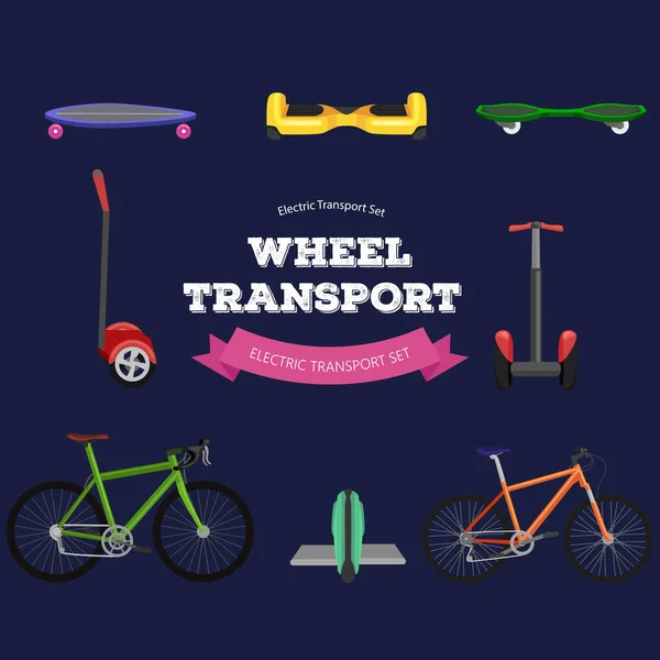 Jeden i dwa ilustracja wektorowa mobilności kołowych pojazdów elektrycznych, Eco alternatywne miasto transportu rower toczenia koła, skuter — Wektor stockowy
