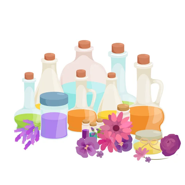 Пляшки з органічним ефірним ароматом олії та набором мильних барів — стоковий вектор