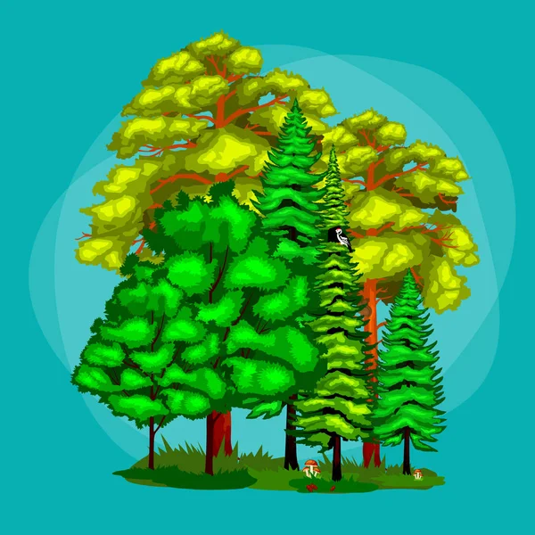 Літнє зелене лісове дерево і дрібні тварини в дикій природі. Мультфільм Векторний набір дерев у відкритому парку. Відкриті дерева в парку з гілками, листям і листям. Лісові рослини і тварини . — стоковий вектор