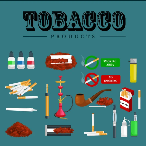 Fumar productos de tabaco iconos conjunto con cigarros narguile cigarros encendedor aislado vector ilustración — Archivo Imágenes Vectoriales