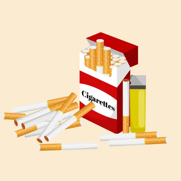 Tabakzigarette mit Filter in roter Schachtel und Feuerzeug-Vektorillustration — Stockvektor
