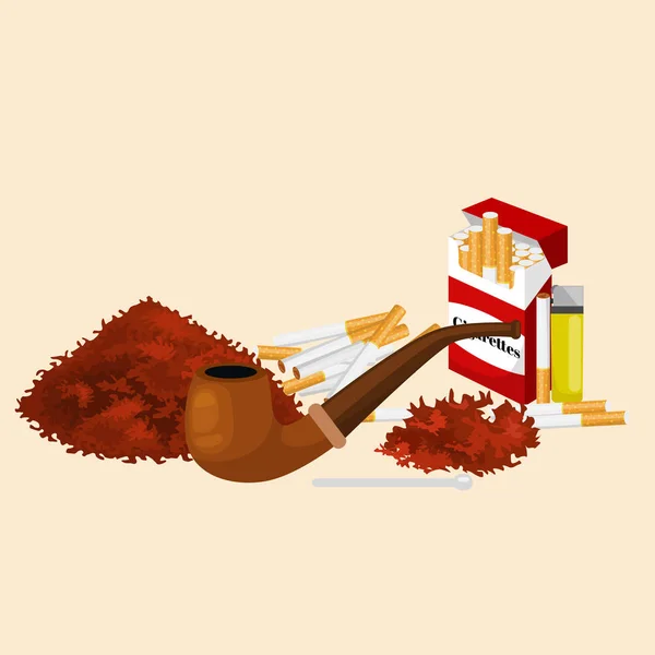 Smoking wooden pipe with tobacco for rolled cigarette and pack smoking equipment vector illustration — Stock Vector