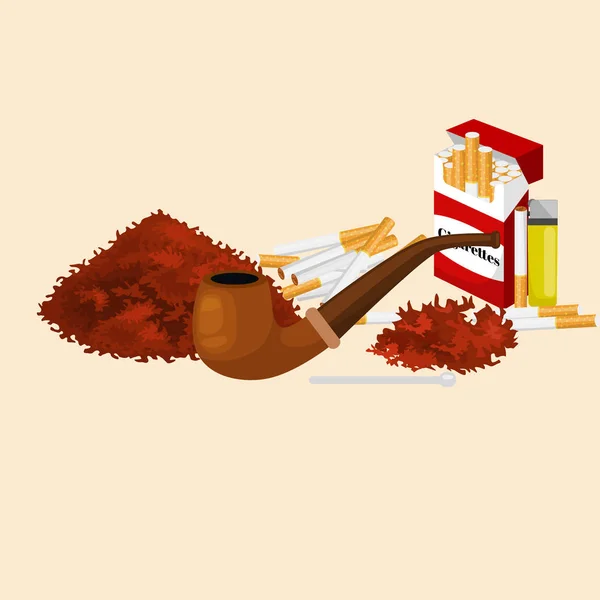 Smoking wooden pipe with tobacco for rolled cigarette and pack smoking equipment vector illustration — Stock Vector