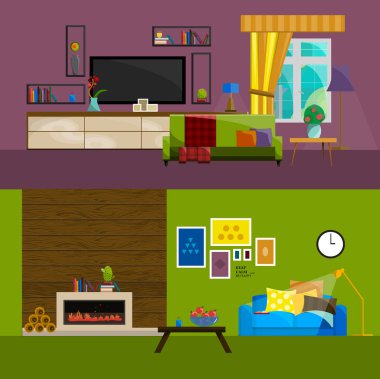 düz iç set ev, oturma odası mobilya simgeleri için Tv raf sehpa kanepenin altında duvar ve pencere vektör çizim çiçek