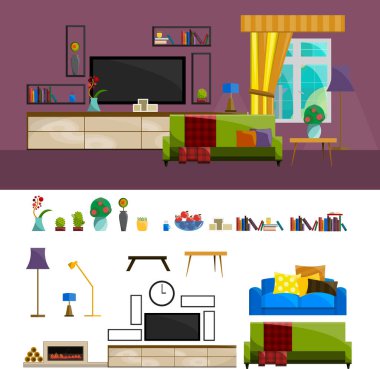 düz iç set ev, oturma odası mobilya simgeleri için Tv raf sehpa kanepenin altında duvar ve pencere vektör çizim çiçek