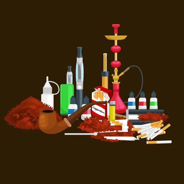 Merokok produk tembakau ikon diatur dengan rokok hookah cerutu lebih ringan vektor terisolasi ilustrasi - Stok Vektor