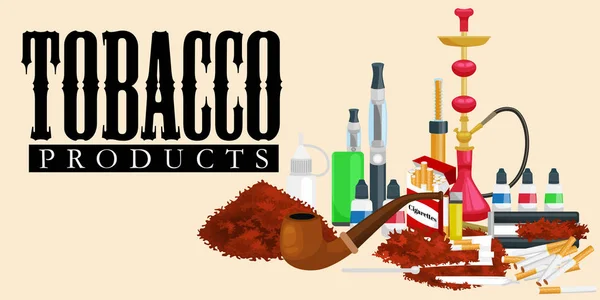 Rauchen Tabakwaren Symbole mit Zigaretten Wasserpfeife Zigarren Feuerzeug isolierte Vektor Illustration — Stockvektor