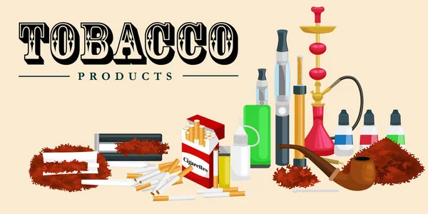 Merokok produk tembakau ikon diatur dengan rokok hookah cerutu lebih ringan vektor terisolasi ilustrasi - Stok Vektor