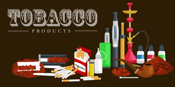 Fumar produtos do tabaco ícones conjunto com cigarros charutos narguilé isqueiro isolado vetor ilustração — Vetor de Stock