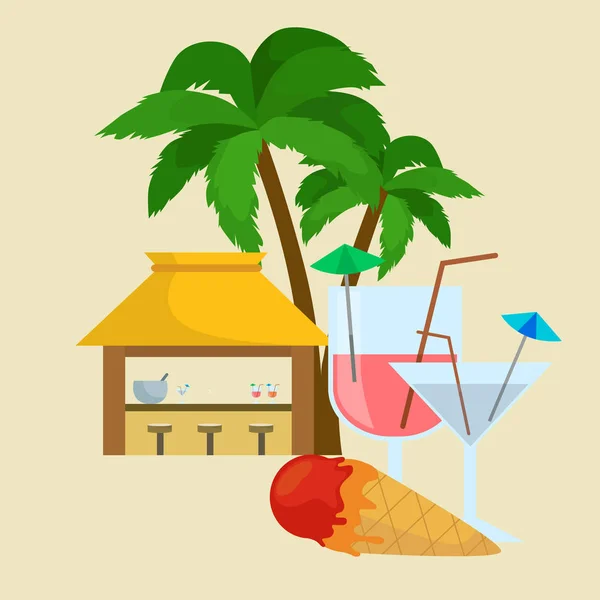 Bar de praia. Verão tropical sob a palmeira com sorvete e cockteils, bebidas em vocação. Relaxe em viajar no modelo de cartaz do cartão. Ilustração vetorial . —  Vetores de Stock