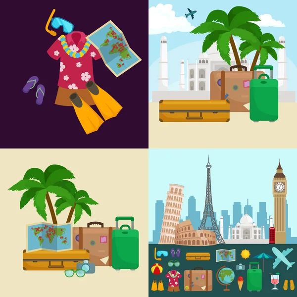 Reizen toerisme iconen vectorillustratie, vakantie reizen op vliegtuig, planning een zomer, en de reis objecten passagier bagage geïsoleerd, geval voor bagage — Stockvector