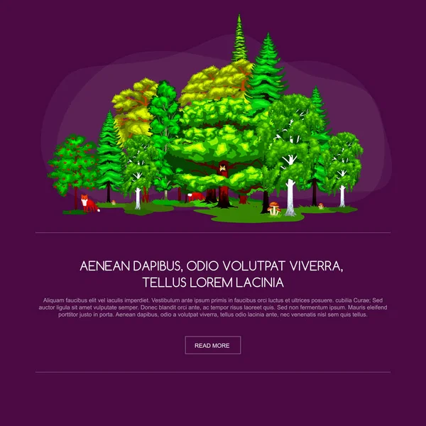 Bosque árboles verdes en el arbusto de hierba en el fondo del paisaje. Elementos de diseño de la naturaleza aislados con, y animales. ecología madera natural conjunto vector . — Vector de stock