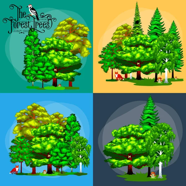 Letní zelené lesní strom a malá zvířata ve volné přírodě. Vektor kreslené stromy uprostřed venkovní park. v s větví, foliagles listy. rostliny  . — Stockový vektor