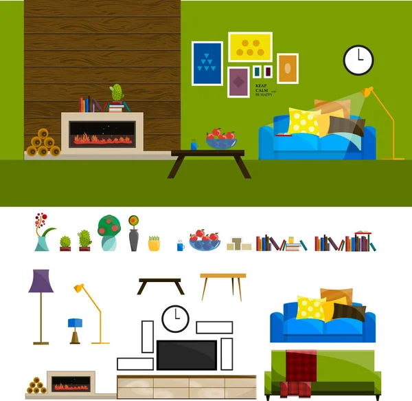 Conjunto interior plano para el hogar, sala de estar muebles iconos, TV estante mesa de café sofá debajo de la pared y flor en la ventana vector ilustración — Vector de stock