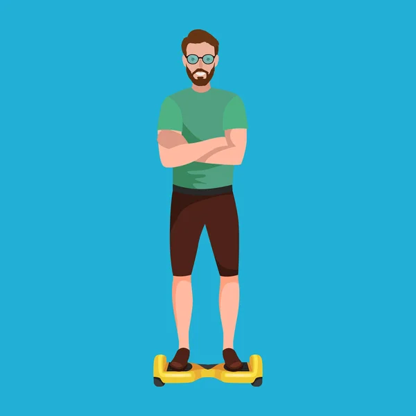 积极人民玩电动滑板车，赛格威新现代技术飞翔器是，男人自我平衡轮运输 gyroscooter 骑街矢量插画 — 图库矢量图片