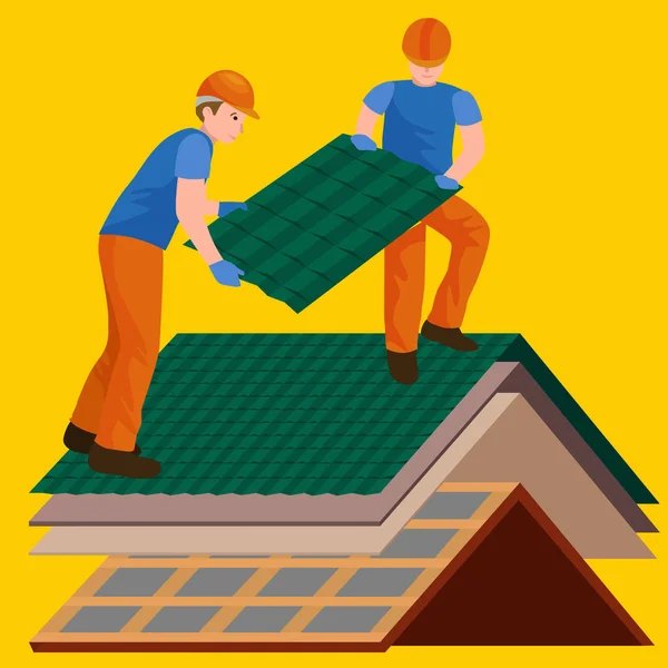 Dachbauarbeiter reparieren Haus, bauen Struktur Befestigung Dachziegel Haus mit Arbeitsgeräten, Dachdecker Männer mit Arbeitswerkzeugen in den Händen im Freien Renovierung Wohnvektor Illustration — Stockvektor