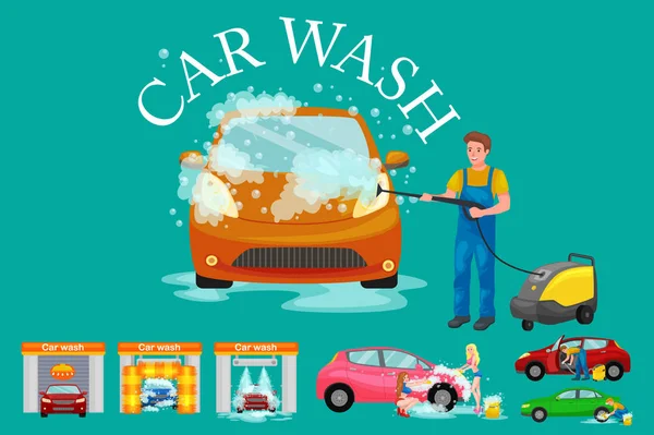 Temassız araba yıkama hizmetleri, sabun ve suyla, araç iç elektrikli süpürge, otomatik temizleme bikini modeli kız otomobil vektör çizim kurutma adam izole — Stok Vektör