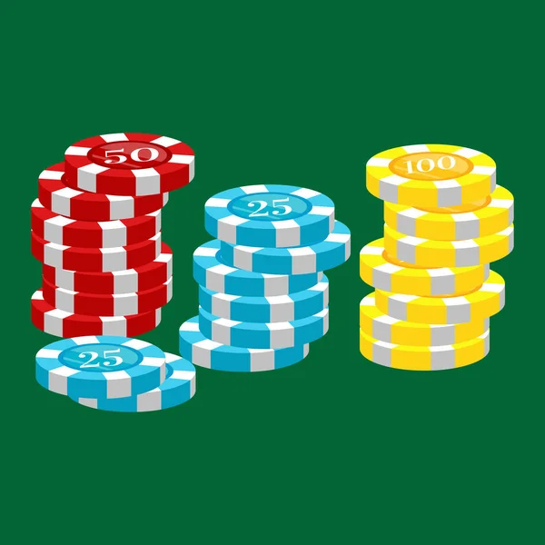 Casino poker fiches voor risico spel in vegas, gelukkige gokken spelen wedden voor kans op winnende geïsoleerde vectorillustratie — Stockvector