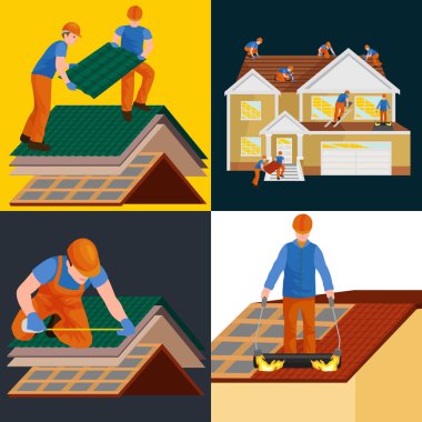 çatı inşaat işçisi onarım ev, açık havada yenileme konut vektör çizim emek ekipmanlı, iş araçları ellerinde erkeklerle çatı ustası çatı kiremit evi tamir yapı yapı