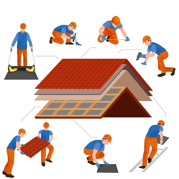 Dachbauarbeiter reparieren Haus, bauen Struktur Befestigung Dachziegel Haus mit Arbeitsgeräten, Dachdecker Männer mit Arbeitswerkzeugen in den Händen im Freien Renovierung Wohnvektor Illustration — Stockvektor