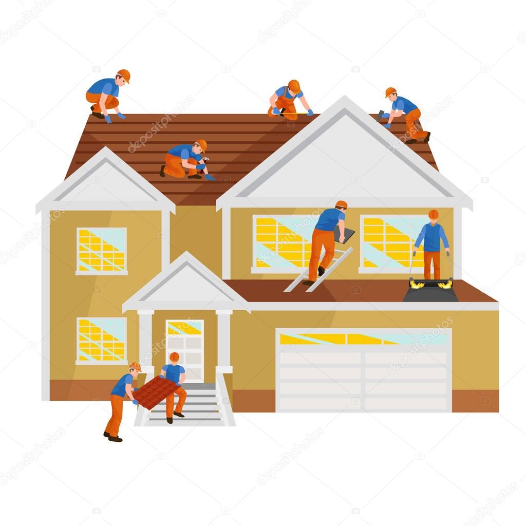 roof construction worker repair home, build structure fixing rooftop tile house with labor equipment, roofer men with work tools in hands outdoors renovation residential vector illustration