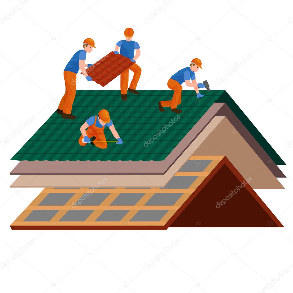 roof construction worker repair home, build structure fixing rooftop tile house with labor equipment, roofer men with work tools in hands outdoors renovation residential vector illustration