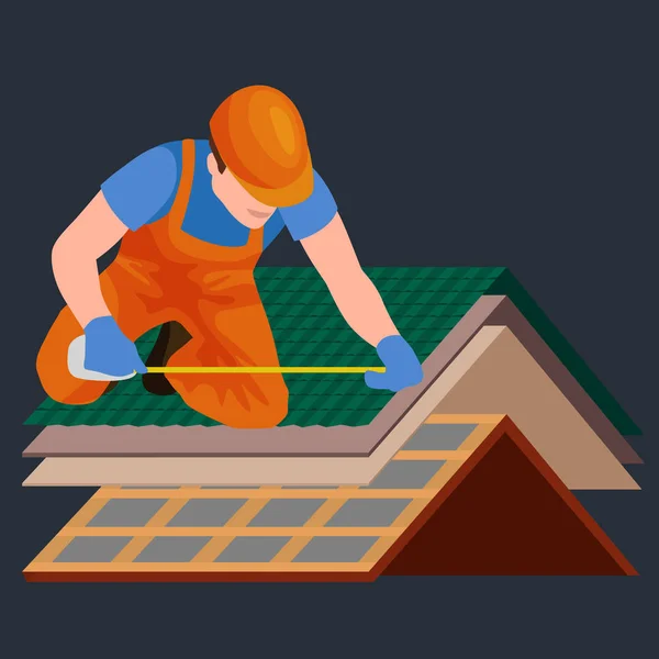 Dachbauarbeiter reparieren Haus, bauen Struktur Befestigung Dachziegel Haus mit Arbeitsgeräten, Dachdecker Männer mit Arbeitswerkzeugen in den Händen im Freien Renovierung Wohnvektor Illustration — Stockvektor