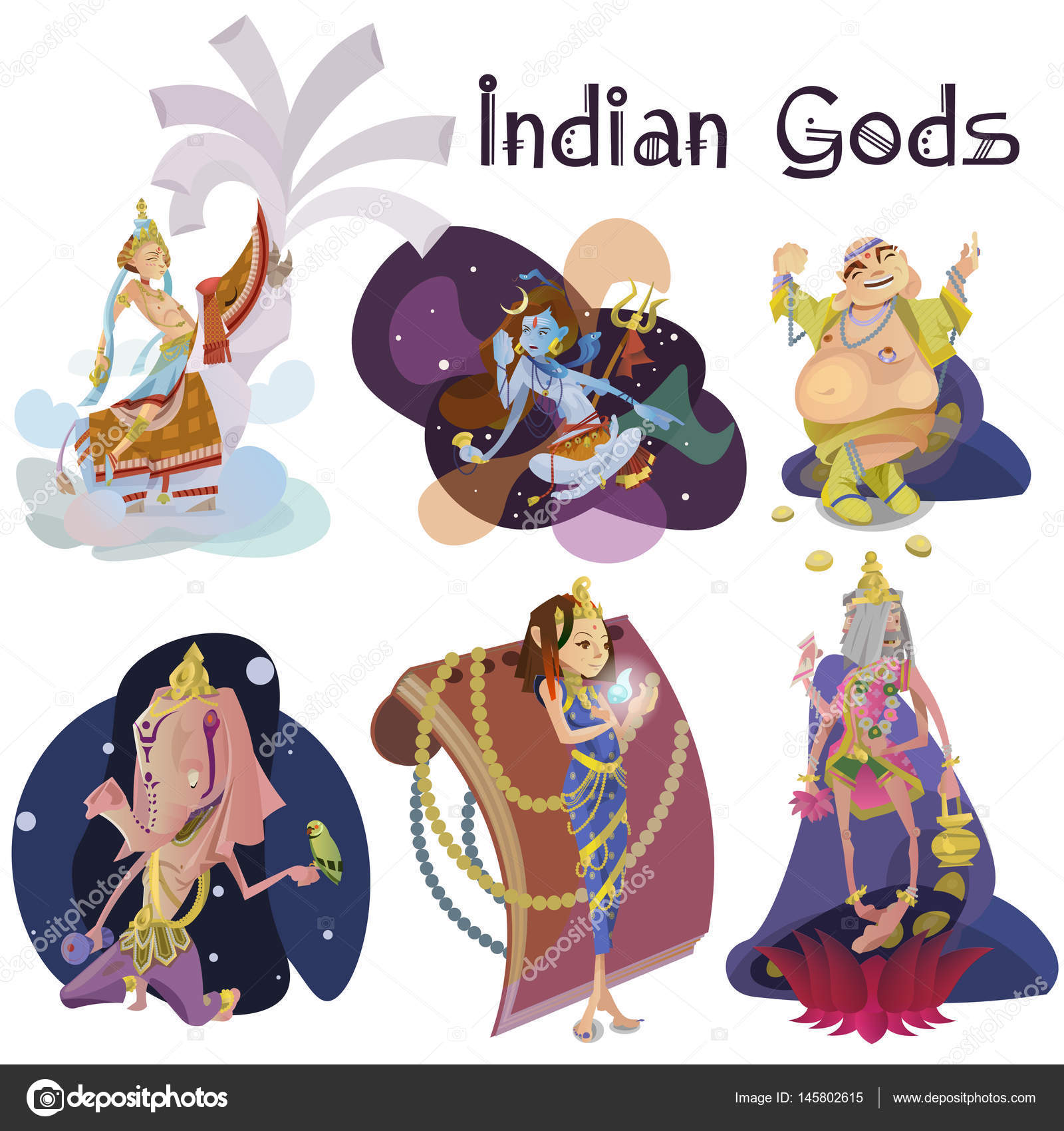 Conjunto de meditação isolada de deuses indianos em ioga coloca lótus e  hinduísmo da deusa religião