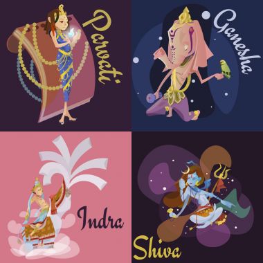 İzole Hint tanrıları meditasyon Yoga dizi pozlar lotus ve Tanrıça Hinduizm din, geleneksel Asya kültür manevi mitoloji, tanrıça ibadet festival vektör çizimler, T-shirt kavramları