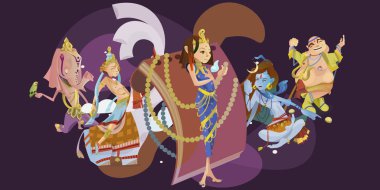 İzole Hint tanrıları meditasyon Yoga dizi pozlar lotus ve Tanrıça Hinduizm din, geleneksel Asya kültür manevi mitoloji, tanrıça ibadet festival vektör çizimler, T-shirt kavramları