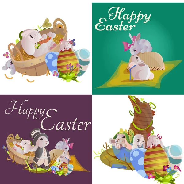 Set of easter chocolate egg hunt bunny basket on green grass decorated flowers, rabbit funny ears, happy spring season holiday tradition greeting card banner collection vector illustration background — Stock Vector