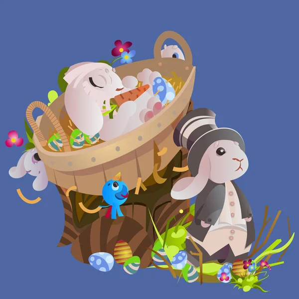 复活节巧克力蛋狩猎兔子篮子在绿色草地上的一组装饰花、 兔的滑稽的耳朵、 快乐的春天季节节日传统贺卡横幅集合矢量图背景 — 图库矢量图片