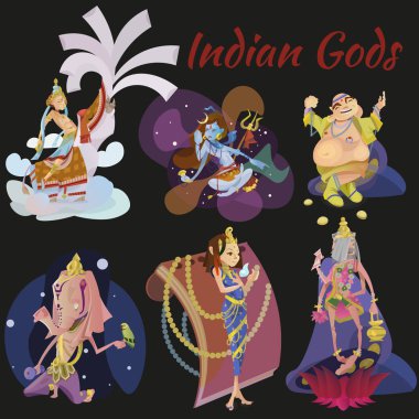 İzole Hint tanrıları meditasyon Yoga dizi pozlar lotus ve Tanrıça Hinduizm din, geleneksel Asya kültür manevi mitoloji, tanrıça ibadet festival vektör çizimler, T-shirt kavramları