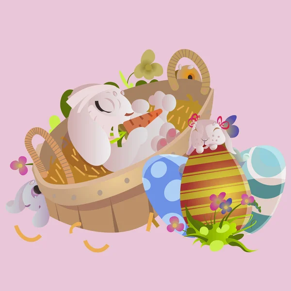 Sada Velikonoční čokoládové vajíčko hon zajíček košík na zelené trávě zdobené květinami, směšné uši králíka, šťastný jarní sezóny dovolenou tradice blahopřání banner kolekce vektorové ilustrace pozadí — Stockový vektor