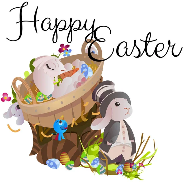 Sada Velikonoční čokoládové vajíčko hon zajíček košík na zelené trávě zdobené květinami, směšné uši králíka, šťastný jarní sezóny dovolenou tradice blahopřání banner kolekce vektorové ilustrace pozadí — Stockový vektor
