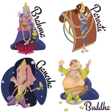 İzole Hint tanrıları meditasyon Yoga dizi pozlar lotus ve Tanrıça Hinduizm din, geleneksel Asya kültür manevi mitoloji, tanrıça ibadet festival vektör çizimler, T-shirt kavramları