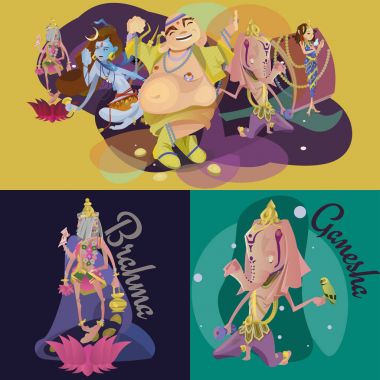 İzole Hint tanrıları meditasyon Yoga dizi pozlar lotus ve Tanrıça Hinduizm din, geleneksel Asya kültür manevi mitoloji, tanrıça ibadet festival vektör çizimler, T-shirt kavramları