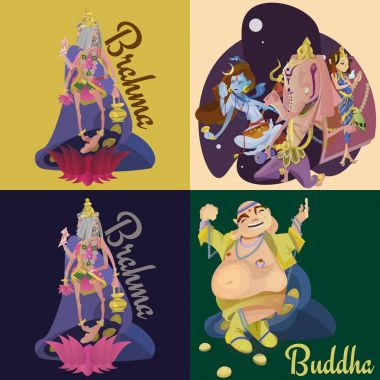 İzole Hint tanrıları meditasyon Yoga dizi pozlar lotus ve Tanrıça Hinduizm din, geleneksel Asya kültür manevi mitoloji, tanrıça ibadet festival vektör çizimler, T-shirt kavramları