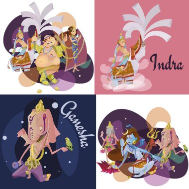İzole Hint tanrıları meditasyon Yoga dizi pozlar lotus ve Tanrıça Hinduizm din, geleneksel Asya kültür manevi mitoloji, tanrıça ibadet festival vektör çizimler, T-shirt kavramları