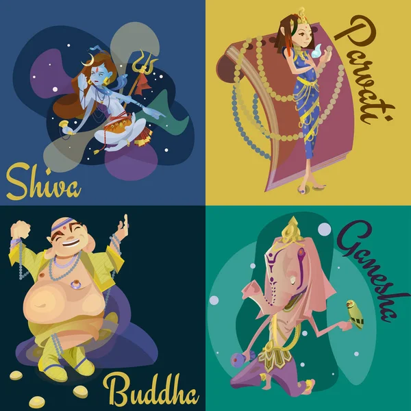 Ensemble de divinités hindoues isolées méditation dans le yoga pose lotus et déesse hindouisme religion, culture asiatique traditionnelle mythologie spirituelle, divinité culte festival illustrations vectorielles, T-shirt concepts — Image vectorielle