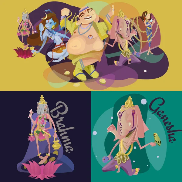 Ensemble de divinités hindoues isolées méditation dans le yoga pose lotus et déesse hindouisme religion, culture asiatique traditionnelle mythologie spirituelle, divinité culte festival illustrations vectorielles, T-shirt concepts — Image vectorielle